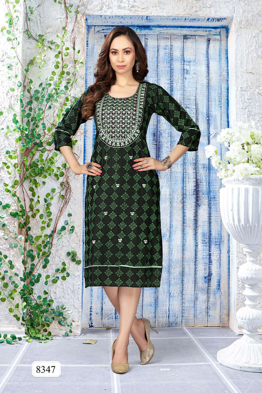 Golden Aarchi Heavy Rayon Embroidered Kurti